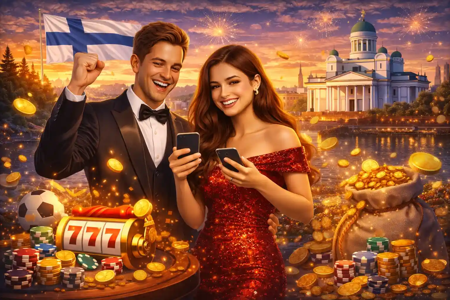 Tyylikäs suomalainen pari pelaa mobiilikasinolla Helsingin maisemissa