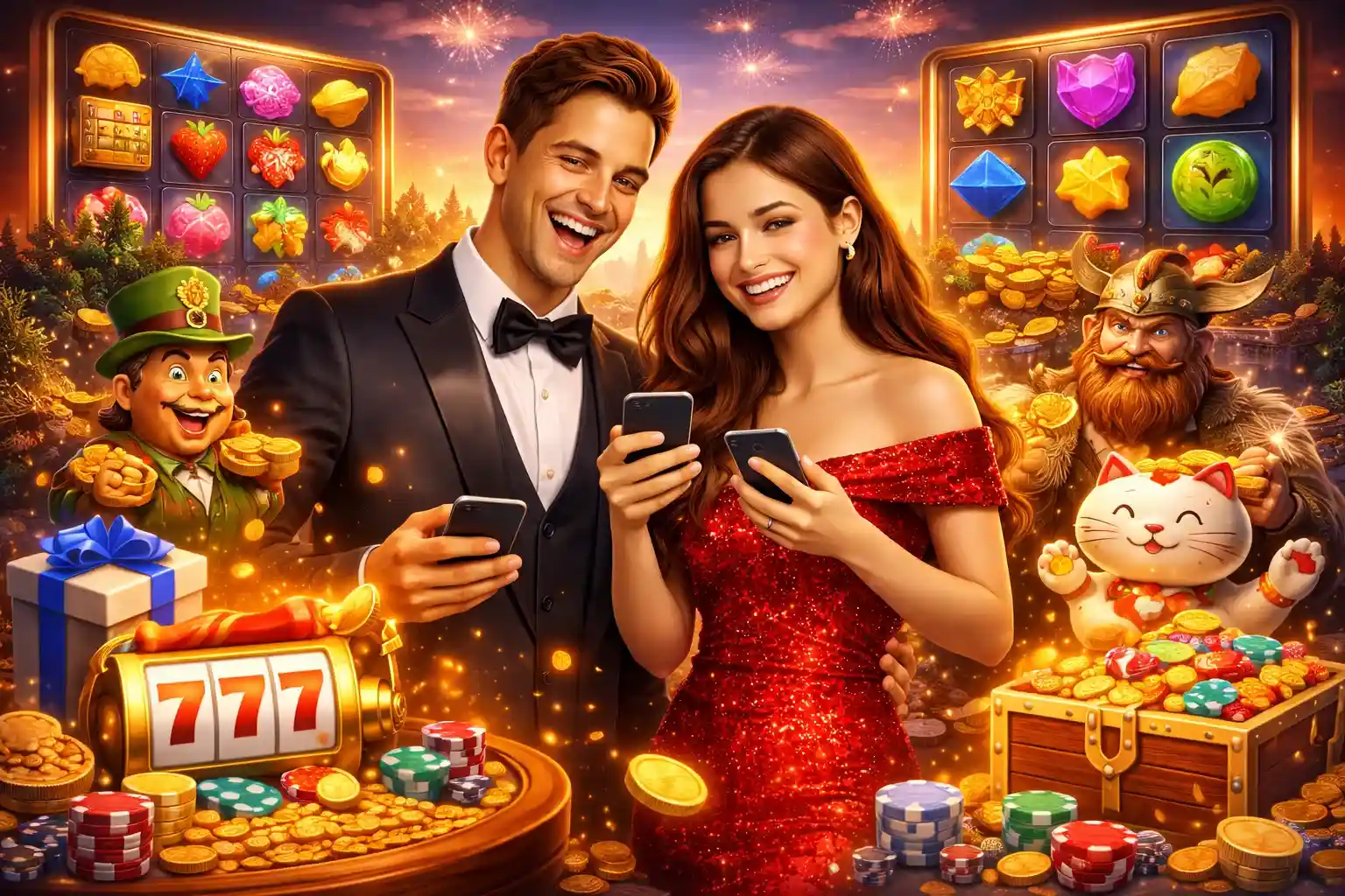 Suomalainen pari pelaa kolikkopelejä mobiililaitteella ilta-auringossa